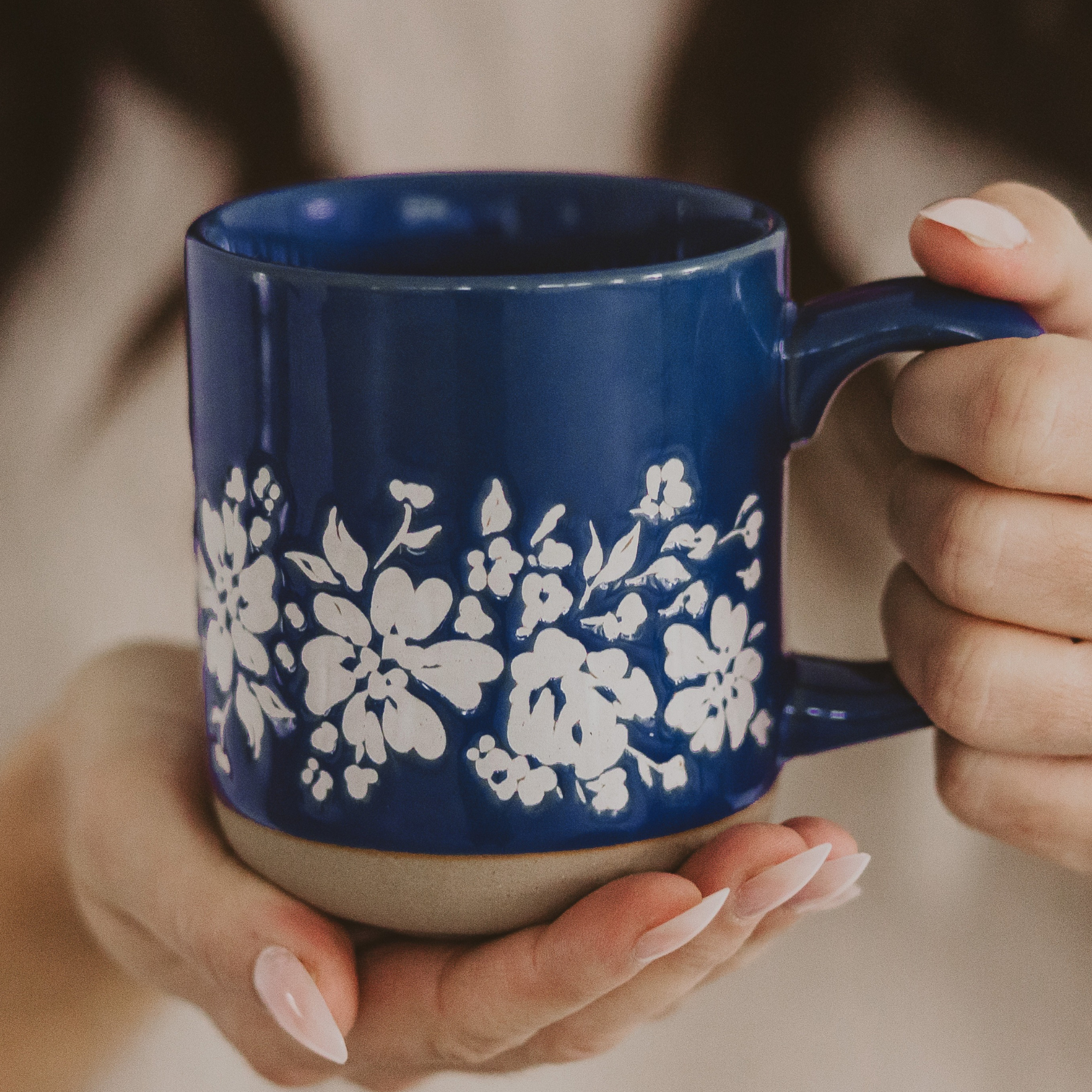 Blue Floral Stoneware Coffee Mug